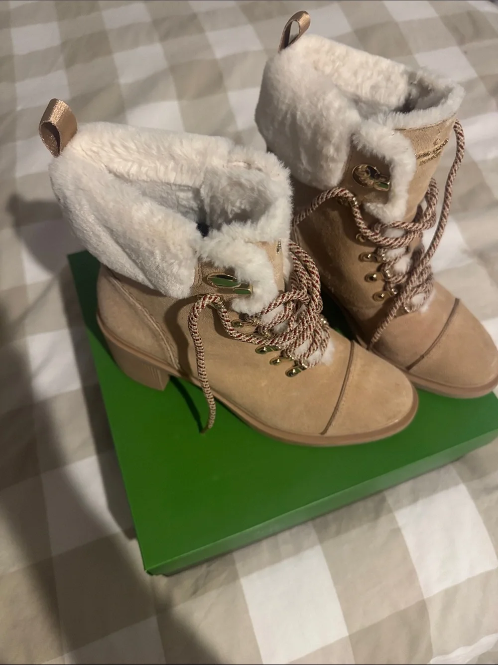 kate spade tan Suede Lace-Up Shearling Ankle Boots